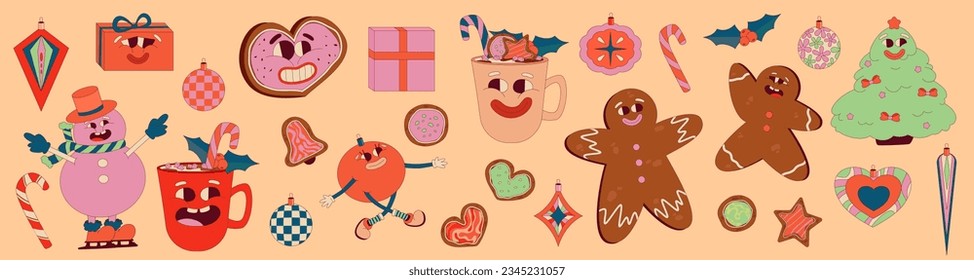 Retro Groovy Christmas set with funny character gift, snowman, gingerbread and toys. Trippy Funny Character groovy retro collection. Vector cartoon illustration