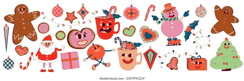 Retro Groovy Christmas set with funny character santa, snowman, gingerbread and toys. Trippy Funny Character groovy retro collection. Vector cartoon illustration