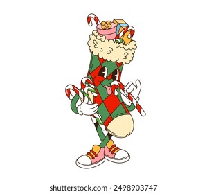 Retro groovy Christmas sock character filled with gifts and candy canes. Isolated cartoon vector xmas stocking decorated with red and green checkered pattern, has a happy face and wearing sneakers