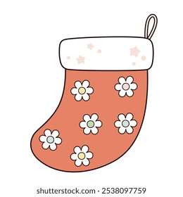 Retro groovy Christmas sock clipart. Christmas clipart. Cute festive object. Hand drawn vector illustration in flat style