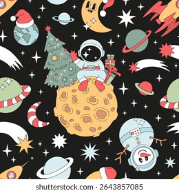 Retro Groovy Christmas in Space Astronaut on Moon with Tree and Gifts, Snowman in Spacesuit, Crescent Moon in Santa Hat Vetor Padrão sem emenda. Perfeito para papel de embrulho festivo, saudação de férias