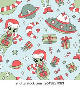 Retro Groovy Natal no Espaço Verde Alien no Chapéu de Santa com Presentes, Disco Voador, Planeta Saturno em Vermelho e Verde Pastel Tons Vetor Padrão Sem Costura. Ótimo para papel de embrulho de férias, vestuário infantil
