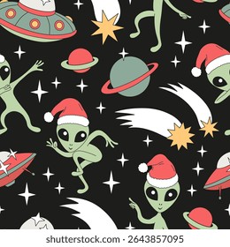 Retro Groovy Christmas in Space Seamless Vetor Pattern with Green Alien in Santa Hat, Dancing Little Green Man, Flying Saucers, Saturnos, Cometas e Estrelas. Perfeito para papel de embrulho festivo