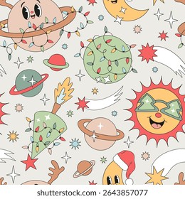 Retro Groovy Christmas in Space Vector Seamless Pattern with Saturn with Antlers, Rocket Tree, Sun in tree shaped sunglasses, Crescent in Santa Hat. Perfect for holiday wrapping paper, kids apparel