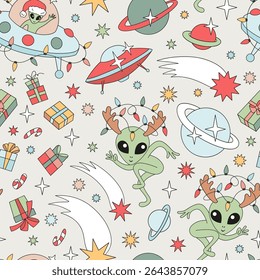 Retro Groovy Christmas in Space Vector Seamless Pattern Green Alien with Antlers, Little Green Man in Flying Saucer, Gifts, Comets, Stars. Perfect for holiday wrapping paper, greeting cards, kids
