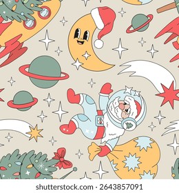 Retro Groovy Christmas in Space Vetor Seamless Pattern Santa Claus in Spacesuit, Crescent Moon in Santa Hat, e Rocket Carcarry Christmas Tree. Ideal para papel de embrulho festivo, cartões de férias, crianças