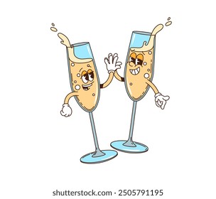 Retro groovy Christmas sparkling wine glass characters. Isolated cartoon vector fun and festive champagne wineglass couple giving a high five, celebrate xmas, New Year holiday party with cheer and joy