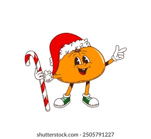 Retro groovy Christmas tangerine character wearing Santa hat and holding candy cane. Isolated cartoon vector jolly xmas mandarin citrus fruit personage with happy expression celebrates festive season