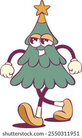 Retro groovy christmas tree cartoon character