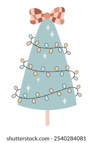 Retro groovy Christmas tree clipart. Christmas clipart. Cute festive seasonal object. Hand drawn vector illustration in flat style