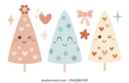 Retro groovy Christmas tree clipart. Christmas clipart. Cute festive seasonal object. Hand drawn vector illustration in flat style