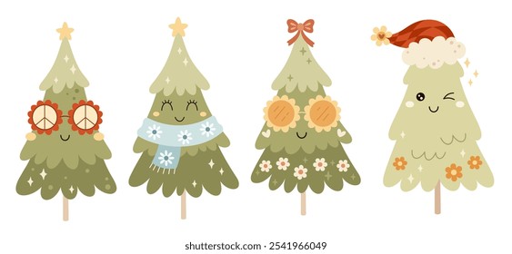 Retro groovy Christmas tree clipart. Christmas clipart. Cute festive seasonal object. Hand drawn vector illustration in flat style