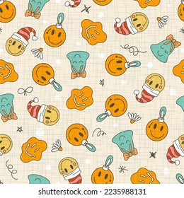 Retro Groovy Christmas Tree Ornaments Holiday Vector Seamless Pattern