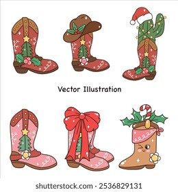 Retro Groovy Christmas Western Cowboy Cactus Cow clipart set Vector Illustration