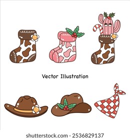 Retro Groovy Christmas Western Cowboy Cactus Cow clipart set Vector Illustration