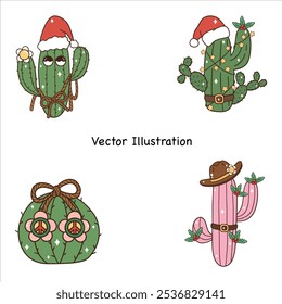 Retro Groovy Christmas Western Cowboy Cactus Cow clipart set Vector Illustration