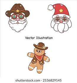 Retro Groovy Christmas Western Cowboy Cactus Cow clipart set Vector Illustration