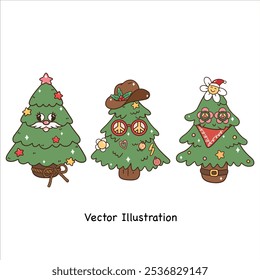 Retro Groovy Christmas Western Cowboy Cactus Cow clipart set Vector Illustration