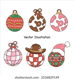 Retro Groovy Christmas Western Cowboy Cactus Cow clipart set Vector Illustration