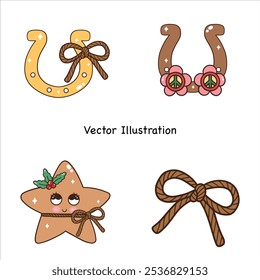 Retro Groovy Christmas Western Cowboy Cactus Cow clipart set Vector Illustration