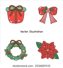 Retro Groovy Christmas Western Cowboy Cactus Cow clipart set Vector Illustration