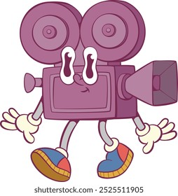 Retro groovy cinema camera mascot character