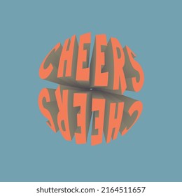 Retro groovy circle CHEERS CHEERS slogan with 3D effect text for tee t shirt or sticker. Vintage vector print design editable illustration EPS 10