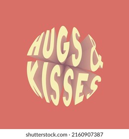 Retro groovy circle HUGS AND KISSES slogan with 3D effect text for tee t shirt or sticker. Vintage vector print design editable illustration EPS 10