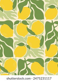 Retro groovy citrus  fruit design for fabric prints. Aesthetic lemons and leaves composition seamless pattern. Vector illustration.