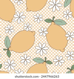 Retro groovy citrus fruit lemon with daisy flowers on checkerboard vector seamless pattern. Hand drawn natural organic healthy food vegetables fruit floral background.