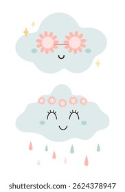 Retro groovy clouds clipart set, cute sky character. Hand drawn vector illustration in flat style for cards, invitations, education, prints