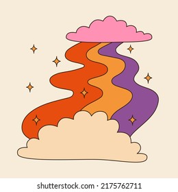 Retro Groovy Clouds With Rainbow Path. 60s And 70s Vibes Psychedelic Vector Clipart. Cartoon Hippie Sky. Vintage Boho Illustration. Abstract Trippy Art