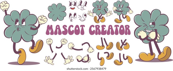 Retro groovy clover character creation kit, lucky charm mascot parts, vintage cartoon character creator