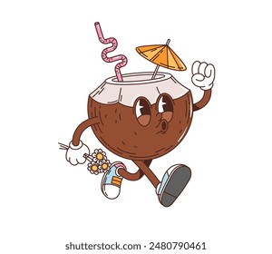 Retro groovy coconut drink character with pink curly straw and a small orange umbrella. Isolated vector coco nut with expressive eyes, walking with a determined look, holding a small bunch of flowers