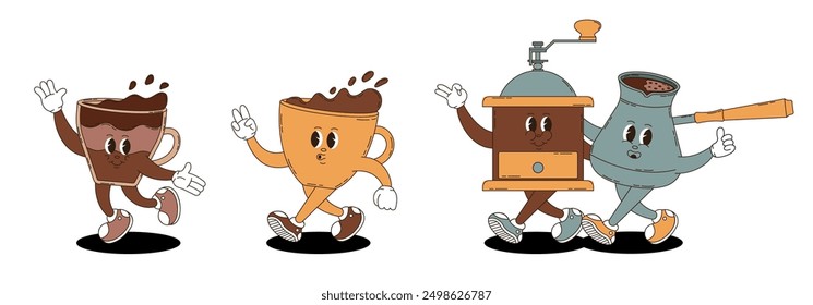 Retro groovy coffee characters set. Cezve, coffee grinder, cups.