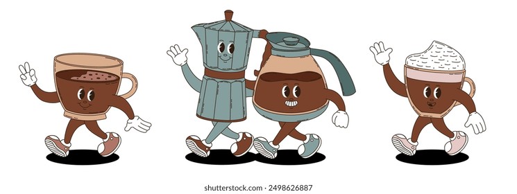 Retro groovy coffee characters set. Coffee maker, jug, cups.