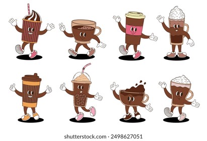 Retro groovy coffee characters set. 