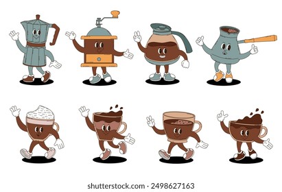 Retro groovy coffee characters set. 