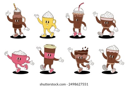 Retro groovy coffee characters set. 