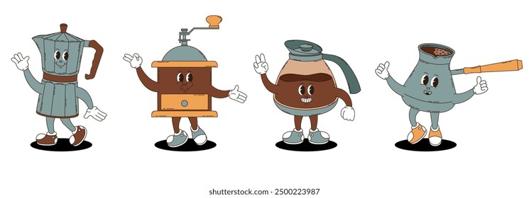 Retro groovy coffee characters set. Coffee maker, cezve, coffee grinder, jug.