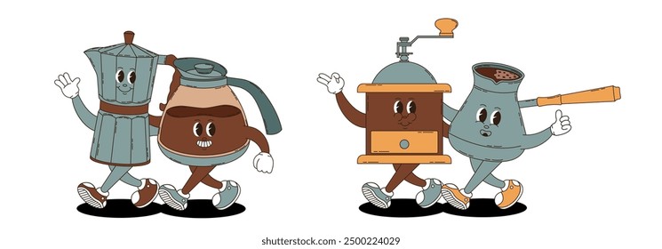 Retro groovy coffee characters set. Coffee maker, cezve, coffee grinder, jug.