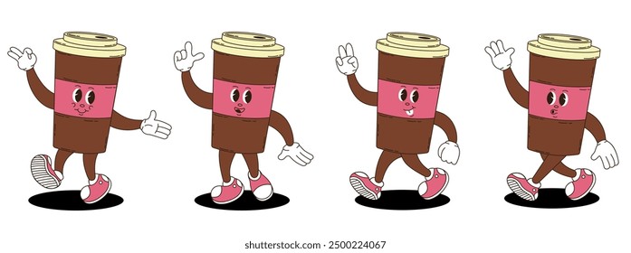 Retro groovy coffee characters set. 