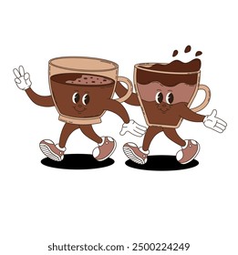 Retro groovy coffee characters set. 