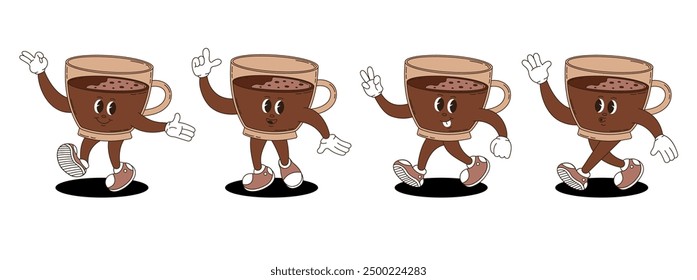 Retro groovy coffee characters set. 