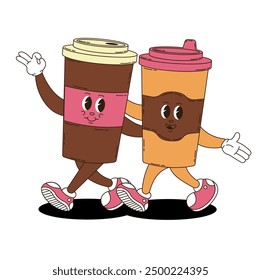 Retro groovy coffee characters set. 