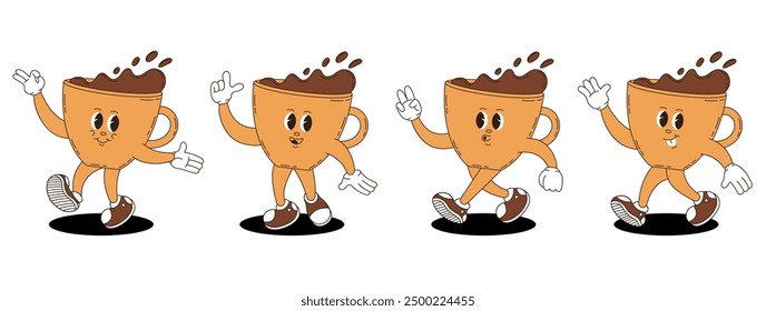 Retro groovy coffee characters set. 