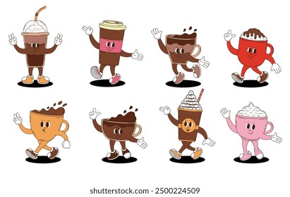 Retro groovy coffee characters set. 