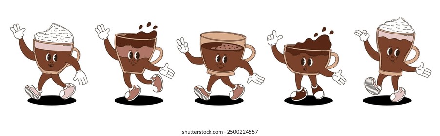 Retro groovy coffee characters set. 