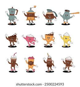 Retro groovy coffee characters set. 