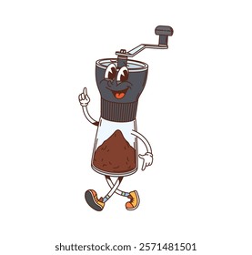 Retro groovy coffee grinder mill character for kitchenware and utensil, cartoon vector. Funny groovy coffee grinder or pepper mill with funky smile on face for kitchen utensil or kitchenware character